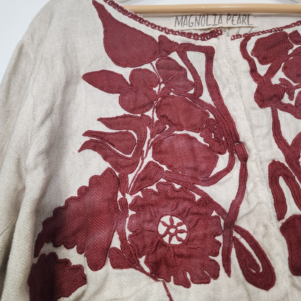 Magnolia Pearl Juno Jacket One Size Linen Appliqué Floral Boho Lagenlook - Picture 4 of 16